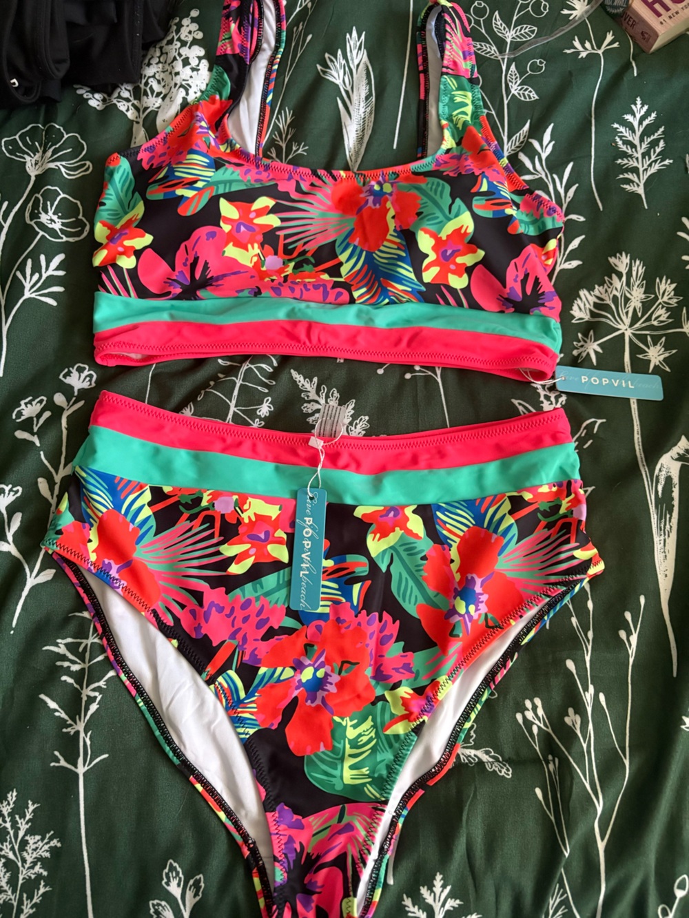 POPVIL Tropical Floral High-Waist Bikini Set in Green & Pink